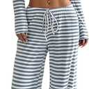 Floerns Women's 2 Piece Outfit Striped Square Neck Long Sleeve Crop Tops and Pants Set (Black, S)