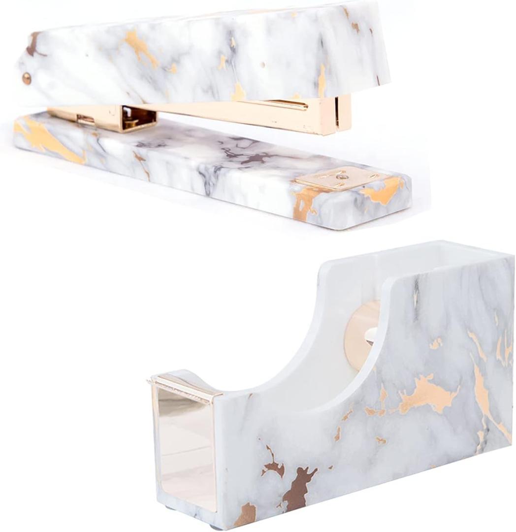 Acrylic Marble White Office Desk Set - Stapler & Tape Dispenser, Heavy Duty Office Supplies - Desk Accessories Set with 1000Pcs 24/6 Rose Gold Staples