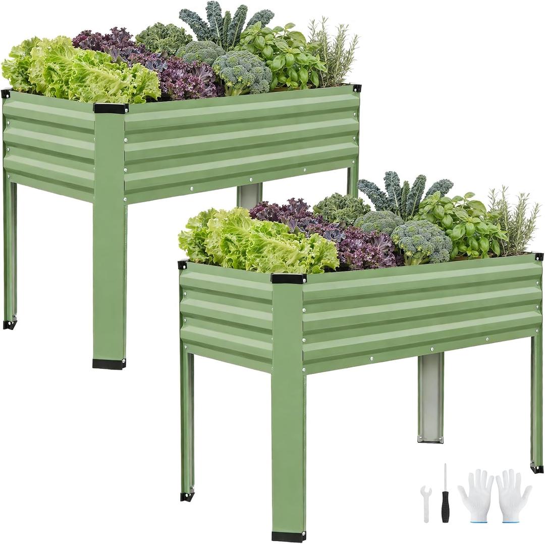 Galvanized Raised Garden Bed with Legs 2Pack, 48x24x32in Elevated Raised Garden Bed Outdoor with Drainage Holes, Planter Boxes for Gardening Vegetable Flower in Backyard, Patio, Balcony (Olive Green)