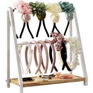 Headband Holder Organizer Metal 2-Tier Display Stand for Selling, Home Bedroom Headband Storage for Girls Women, Headband Stand Wood Base Can Store Hair Ties, White