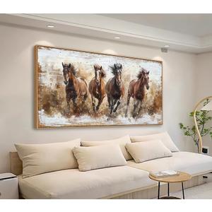 tigeridge Framed Horses Wall Art - Brown Horse Canvas Pictures Animal Wall Decor Running Horses Painting Prints Artwork for Living Room Bedroom Home Office Wall Decorations 20" x 40" Natural Frame