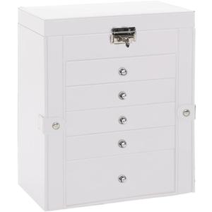Jewelry Organizer - 6-Layer Lockable Jewelry Box with Mirror, White, Compact Dimensions for Dresser or Vanity use, PU Leather with Velvet Interior -