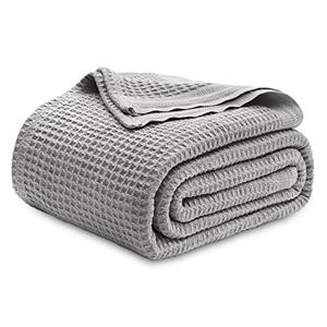 Bedsure Gentlesoft 100% Cotton Blanket Queen Size for Bed - Cooling Breathable and Soft for Spring Summer, Thick Cozy Waffle Weave Blanket Gifts for Women, Grey, 90x90 Inches