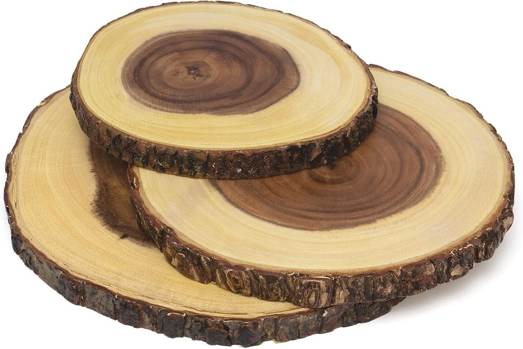 Lipper International Acacia Wood Slab Serving Board With Bark for Cheese, Crackers, and Hors D'oeuvres, Set of 3, Assorted Sizes