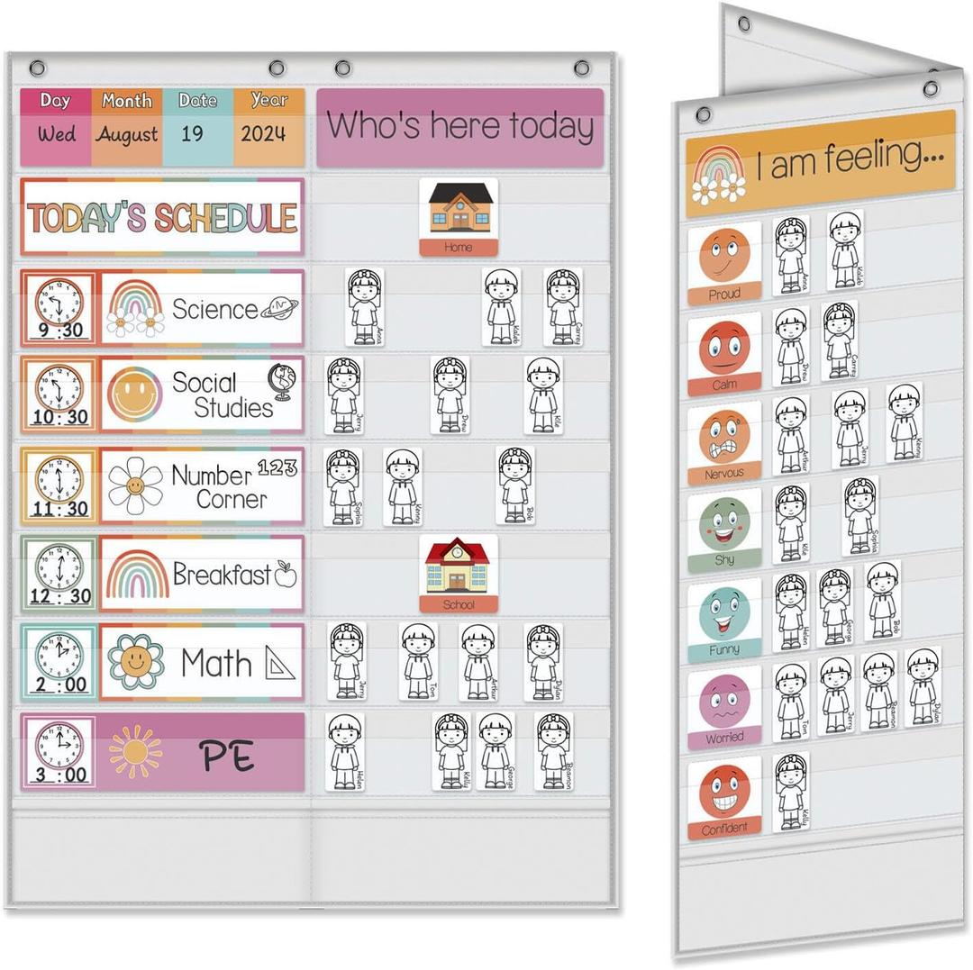 ABCKEY Class Schedule Pocket Chart, Double-Sided Foldable, for Teacher and Student Use, Schedule Cards, Attendance Cards, Mood Cards (Smiling (White))