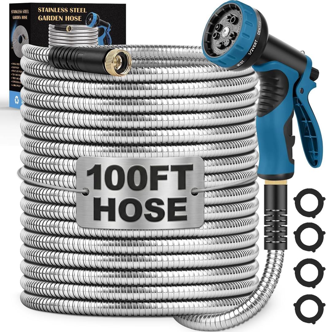 LINODI Metal Garden Hose, 100ft Stainless Steel Garden Hose 3/4" GHT Solid Brass Connectors Heavy Duty Flexible Metal Water Hose with 10-Way Spray Nozzle Kink-Free Watering Kit
