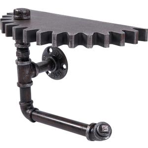 MyGift 1pcs Wall Mounted Black Patina Metal Floating Shelf with Industrial Metal Pipe Wall Bracket, Toilet Paper Holder Stand,Hanging Shelf Rack with Steampunk Gear Design