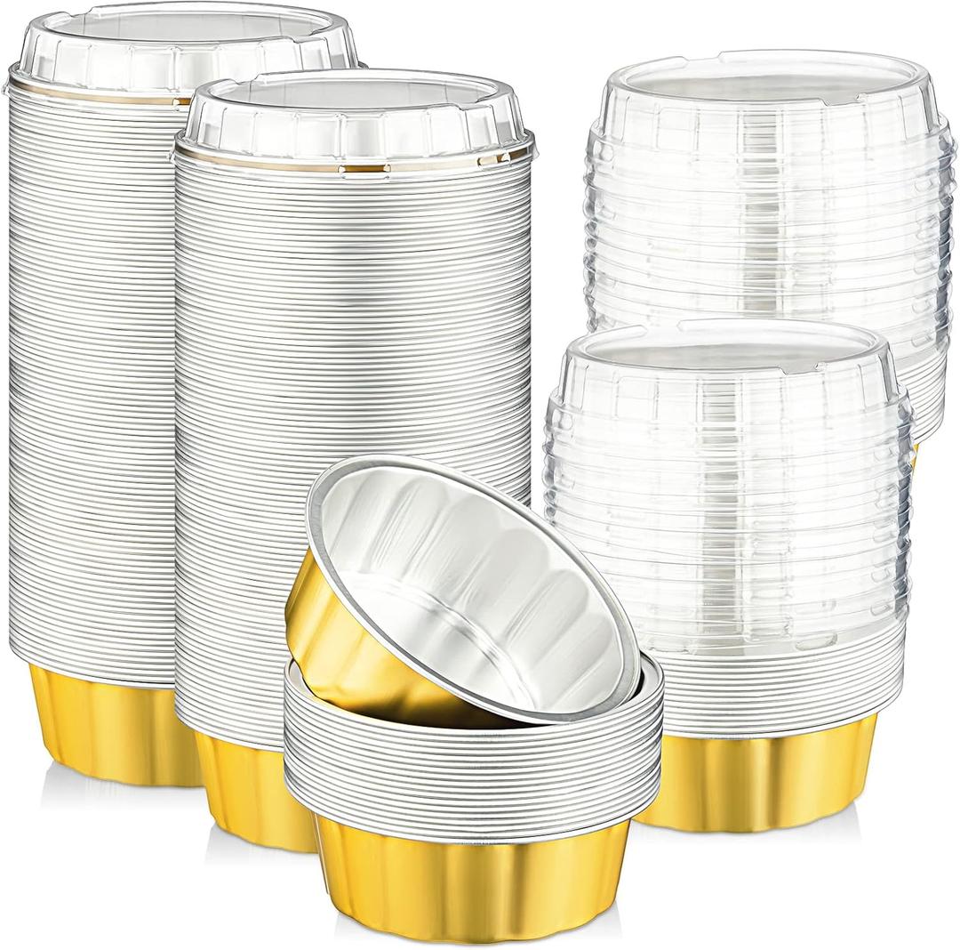100 Pack Disposable Ramekins with Lids 8 oz Creme Brulee Ramekin Aluminum Foil Cup Cupcake Liner for Baking Disposable Muffin Tin Pan Cheesecake Container for Catering Wedding Party (Yellow, Silver)