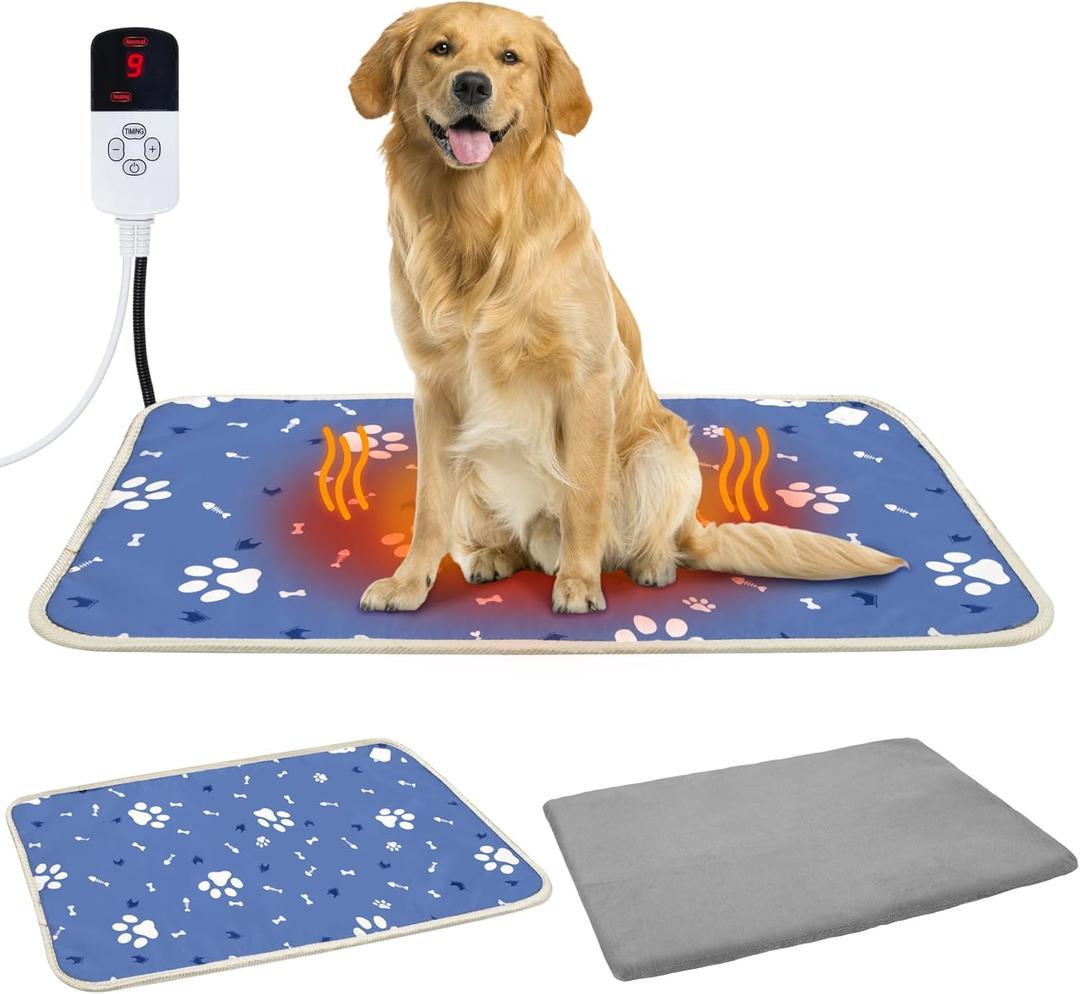 Dog Heating Pad 34"*21" for Outdoor Cat, Heated Dog Bed with Adjustable Temperature & Timer, Indoor Warming Waterproof Pet Heating Pad Mat with Chew Resistant Cord, Replacement Cover for Puppy Kitten
