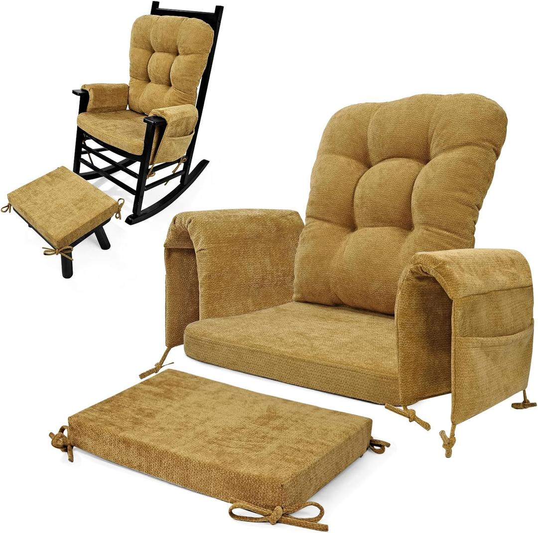 5 PCS Glider Rocker Replacement Cushions with Storage Side Pocket, Luxuriy Chenille Fabric Foam & Microfiber Filling, Thickened & Supportive Rocking Chair Cushion Set, Yellow