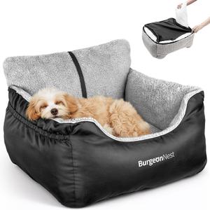 BurgeonNest Dog Car Seat for Small Dogs, Soft Pet Car Travel Home Bed Under 25 lbs, Fully Detachable and Washable Cat Booster Carseats with Storage Pockets and Clip-On Leash Portable Carrier, Black