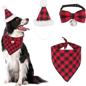 ADOGGYGO Christmas Dog Bandana Hat Bow tie Set - Classic Red Plaid Pet Xmas Scarf Hat Christmas Costume Outfit for Medium Large Dogs Pets (Large)
