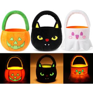 3 Pcs Halloween Baskets Plush Glow in The Dark Candy Bucket Bag Toys Ghost Pumpkin Black Cat Glow Candy Tote Plush Toy for Halloween Party Favors Gifts