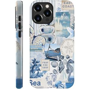 TnXee Case Compatible with iPhone 15 Pro,Fall Prevention Hybrid 2-Layer Hard Shell Cases for Girls Boys,Seashell Ocean Blue Retro Collage