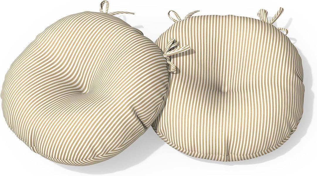Outdoor Bistro Chair Cushion with Ties, Tufted Patio Chair Cushions Set of 2, Round Seat Cushion 15”x15”x4” for Home Garden Balcony Office Porch Lawn Deck, Stripe Beige