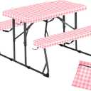 33" L x 20" W x 3" H Pink Grid Picnic Table Cover for Kids, Fitted Tablecloth for Outdoors Vinyl Waterproof Cloth for Camping Home Goods Indoor Outdoor Patio BBQ