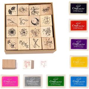 HRJZF of 24 Pcs Rubber Stamp and Craft Ink Set 16 Pcs Wooden Rubber Stamps 8 Pcs Ink Pad for Craft DIY Card and Scrapbooking