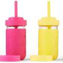 Elk and Friends Kids + Toddler Glass Cups | The Original 12oz Glass Mason Jar with Sleeves + Lids | Silicone Straws + Stopper | Smoothie Cup | Food Storage | Spill Resistant | Dishwasher Safe | 4 Pack, 21 Piece Set