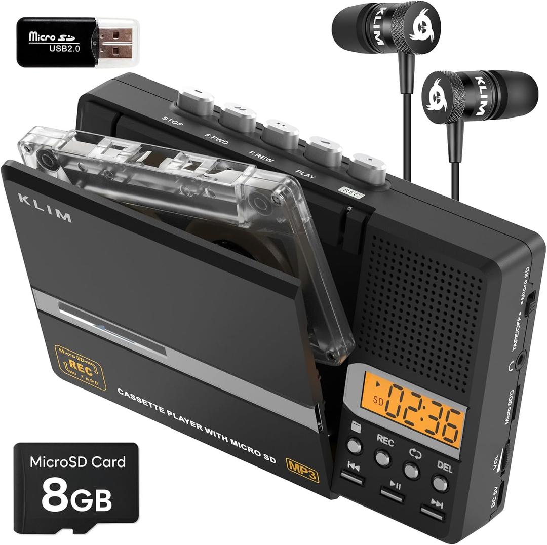 KLIM K10 Portable Cassette Tape Player & Tape Recorder, Cassette to MP3 Converter + Built-in Microphone & Speaker + USB PC Transfer + Battery/USB Powered + 8GB SD Card + Earphones