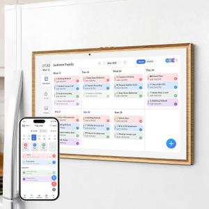 JSUSOU Magnetic Fridge Digital Smart Calendar 15.6" with FREE APP, Auto Sync Electronic Planner for Desk & Wall Touch Screen, Magnetic Refrigerator Mounted, Gifts for Mom Women Her, Teak Wood Grain