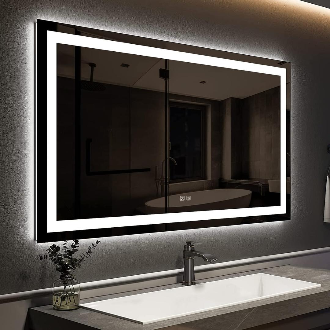 ROOMTEC 48 x 30 Inches LED Bathroom Mirror with Lights, Vanity Mirror with Front and Backlight, Smart Dimmable Anti-Fog LED Mirror for Bathroom, Memory Function, Tempered Glass (Horizontal/Vertical)