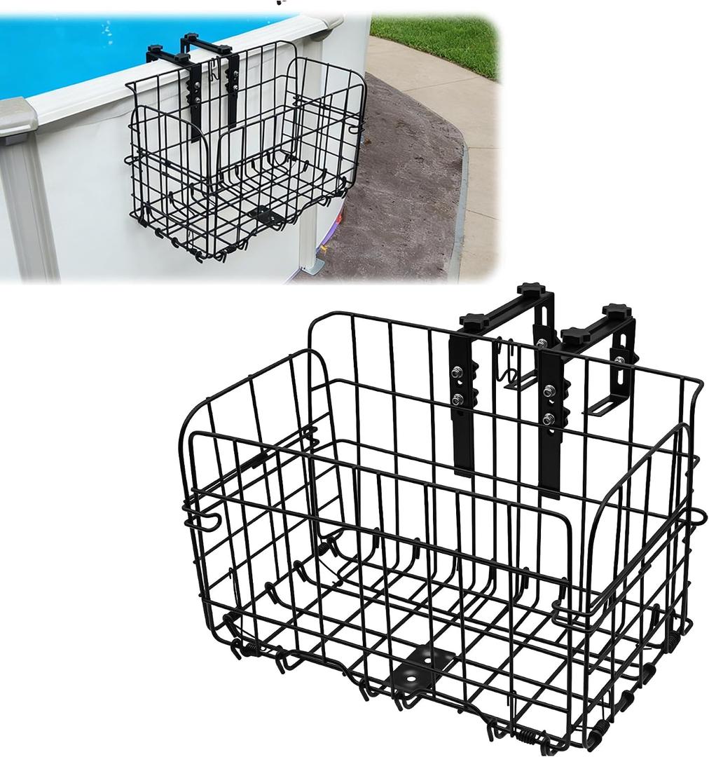 Heavy-duty Poolside Storage Baskets for Above Ground Pool for Square Top Pools Only, Fits 4.9 to 7.6" Top Rails, Adjustable Collapsible Metal Pool Storage Basket Poolside Organizer Accessories