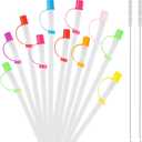 Multifunctional 24 Pack Bendable Straws and Covers. 11 Inch Long Flexible Straws. Reusable with Colored Caps and 2 Straw Cleaning Brushes