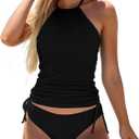 LVZIJUN Women's Tankini Sets Two Piece Bathing Suits Halter Neck Tummy Conrol Tankini Swimsuits Solid Color Thong Bottom (Medium, Black)