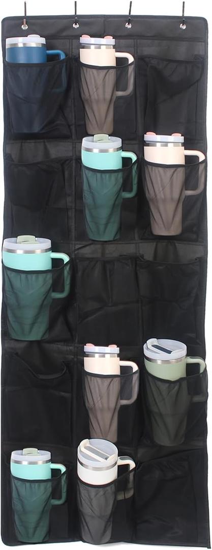 Cup Storage Organizer Compatible Stanley - 15 Large Bottle Pockets, Hanging Wall Mount for Various Sizes, Tumbler Storage Accessories