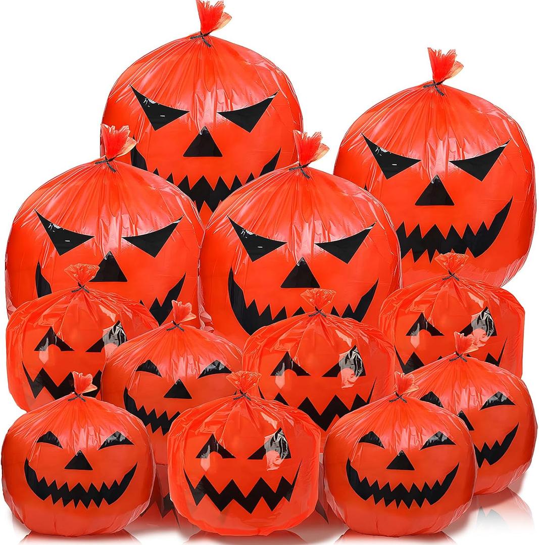 Halloween Leaf Bags, 12 Large & Small Plastic Reusable Pumpkin Bags with Twist Ties for Outdoor Party & Garden Decorations