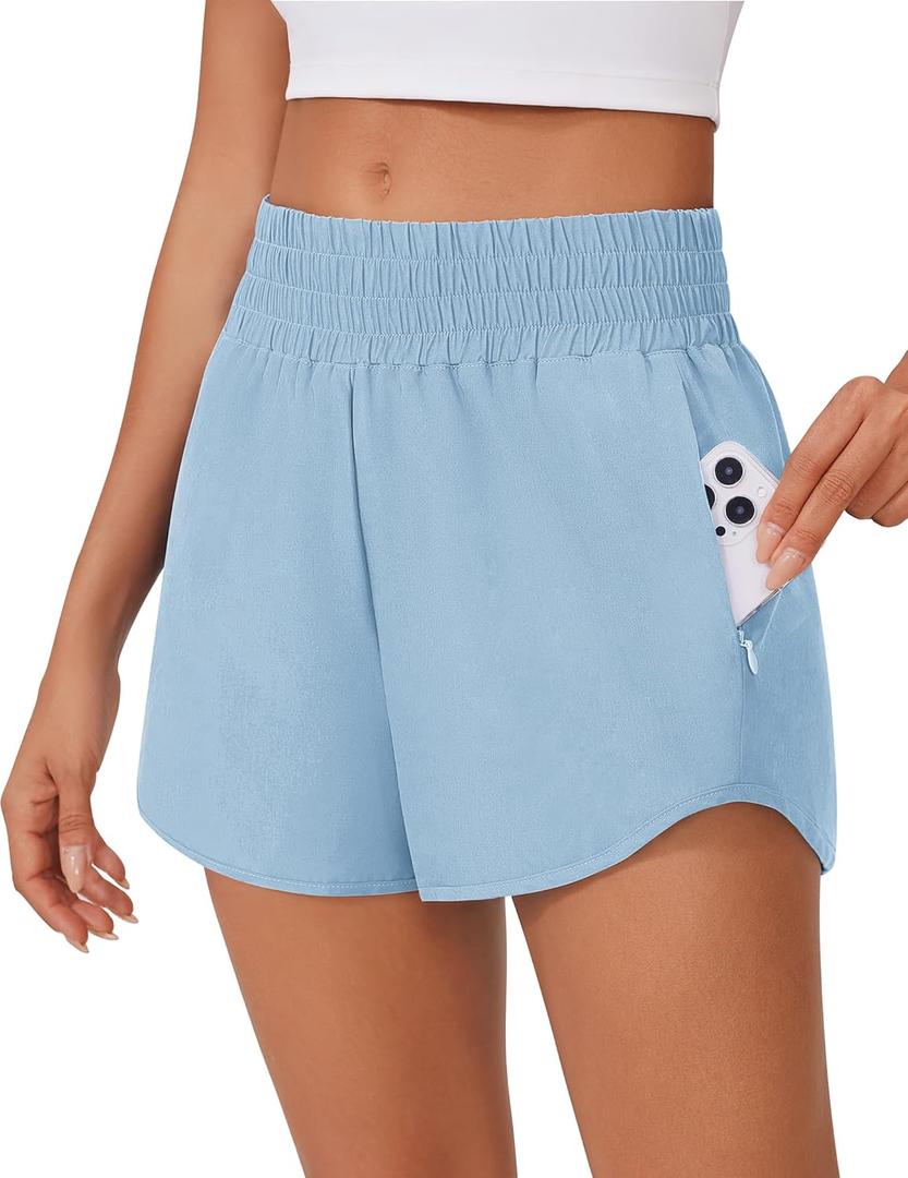 PINSPARK High Waisted Running Shorts for Women 2.5" Mesh Liner Quick Dry Sport Athletic Workout Shorts with Zip Pockets (Medium, Light Blue)