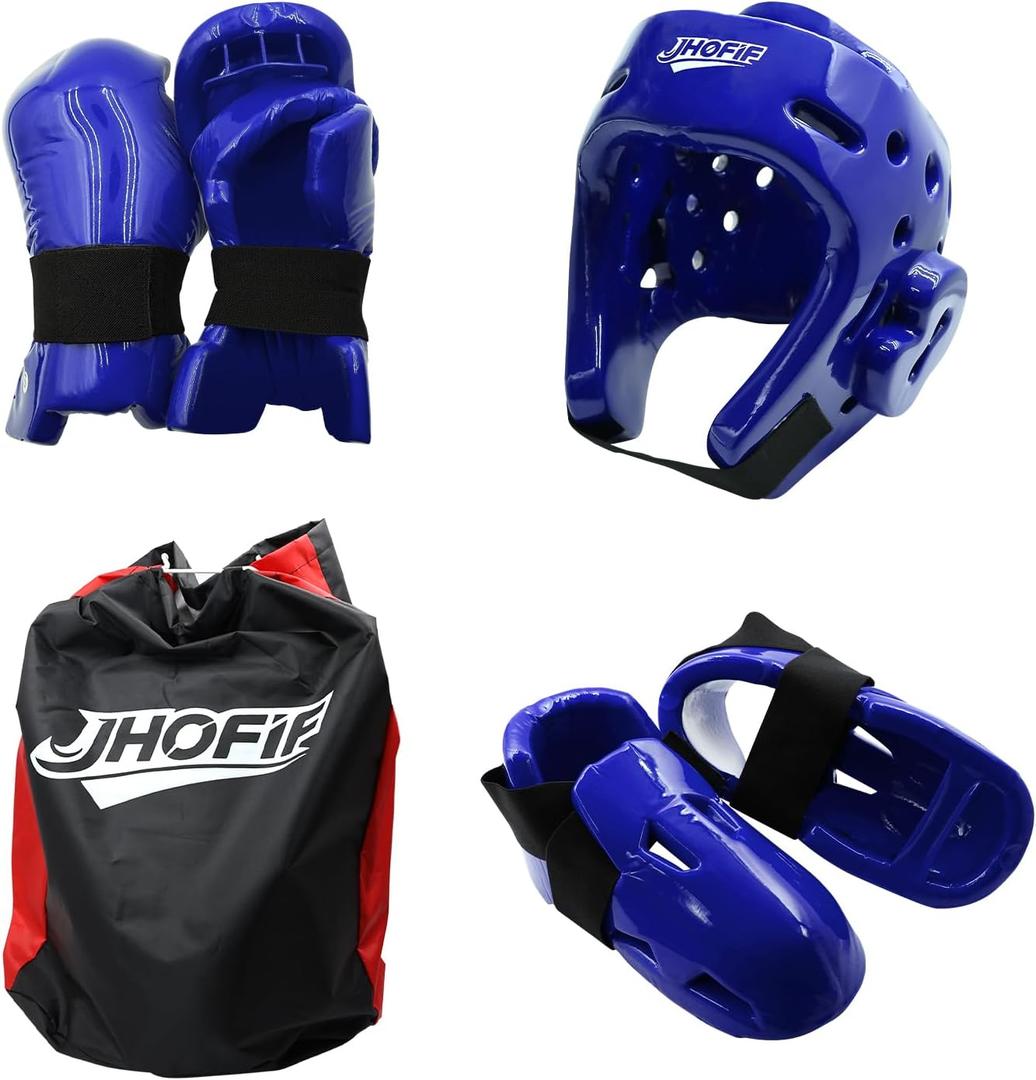 Martial Arts Karate Protective Sparring Gear Package Deal/Gift Adjustable Adults & Kids Headgear, Gloves & Kicks for MMA, Taekwondo, Boxing Training (Small, Blue)