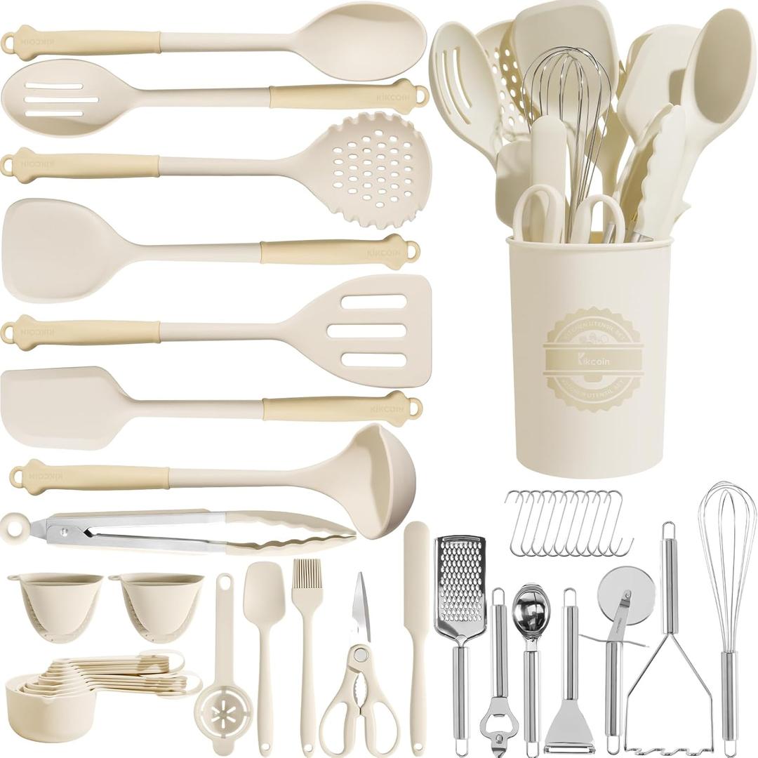 Kikcoin 43Pcs Large Kitchen Utensils Set - Silicone Cooking Utensils Set, Dishwasher Safe Spatula Set for Non-stick Cookware, 446F Heat Resistant Kitchen Utensils Set with Holder BPA Free, Cream