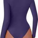 REORIA Womens Long Sleeve Bodysuits Fall Basic Round Neck Lightweight Double Lined Layering Slim Body Suit Tops (Blue, L)