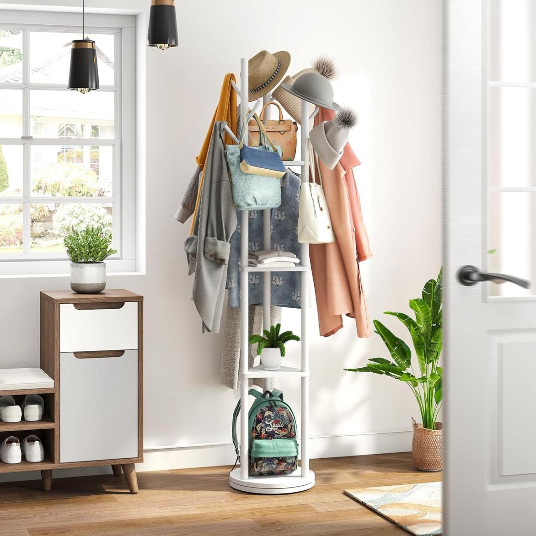 Rotary Coat Rack Stand with 8 Hooks, Bamboo Wood Coat Tree for Clothes/Bags/Hats, Large Coat Rack Freestanding for Entryway (White)
