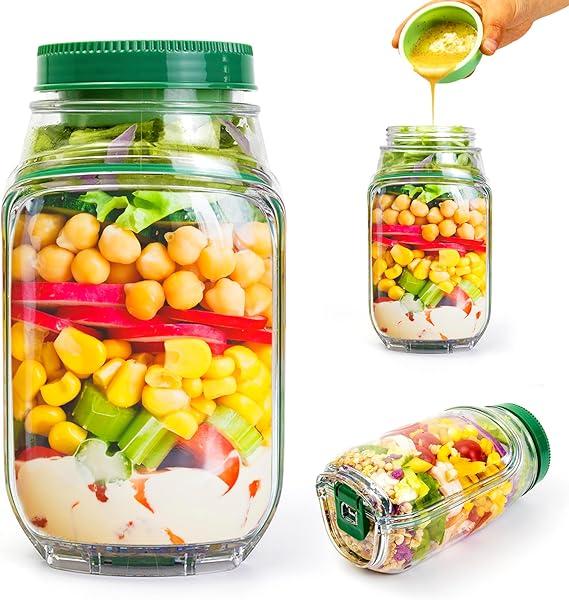 Salad To Go Food Container – Durable Food Grade Salad Jar with Side Opening – Anti-Sogging Food Containers for Lunch, Meal Prepping – Non-BPA Dishwasher and Microwave Safe Tritan 30oz (Green)
