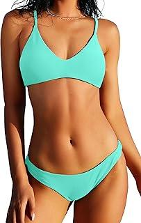 ZAFUL Women's Solid Spaghetti Strap Bralette Bikini Set Two Piece Swimsuit, Blue and Green, Size M