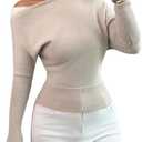 WDIRARA Women's Asymmetrical Neck Sweater Long Sleeve Pullover Knit Tops (Large, Beige)