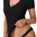 Rooscier Women's Notch V Neck Ribbed Knit Slim Fit Short Sleeve Basic T Shirts Blouse Tops (Black, M)