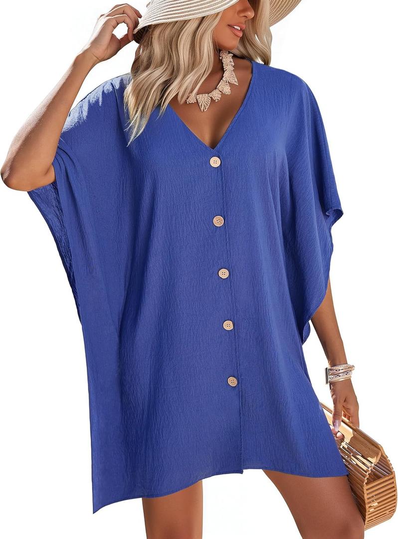 AI'MAGE Womens Swimsuit Cover Up Button Down Bathing Suit Coverups 3/4 Sleeve Beachwear Oversized Bikini Shirt Dresses S-XXL (Blue)