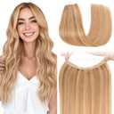 S-noilite Halo Hair Extension Invisible Wire in Real Remy Human Hair Extensions with Clips Adjustable Hidden Wire in Hair Extension for Women 16 inch Camel Bown Highlighted Blonde