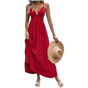 Milumia Women's Summer Smocked Cami Maxi Dress Boho V Neck Spaghetti Strap A Line Flowy Beach Long Sundress M