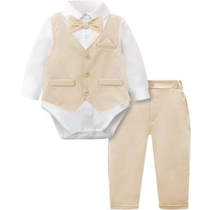 A&J DESIGN Baby Boy Suits Clothes Infant Toddler Formal Gentleman Outfits, Dress Shirt + Vest + Bow Tie + Pants Wedding Set (6-9 Months, Beige)