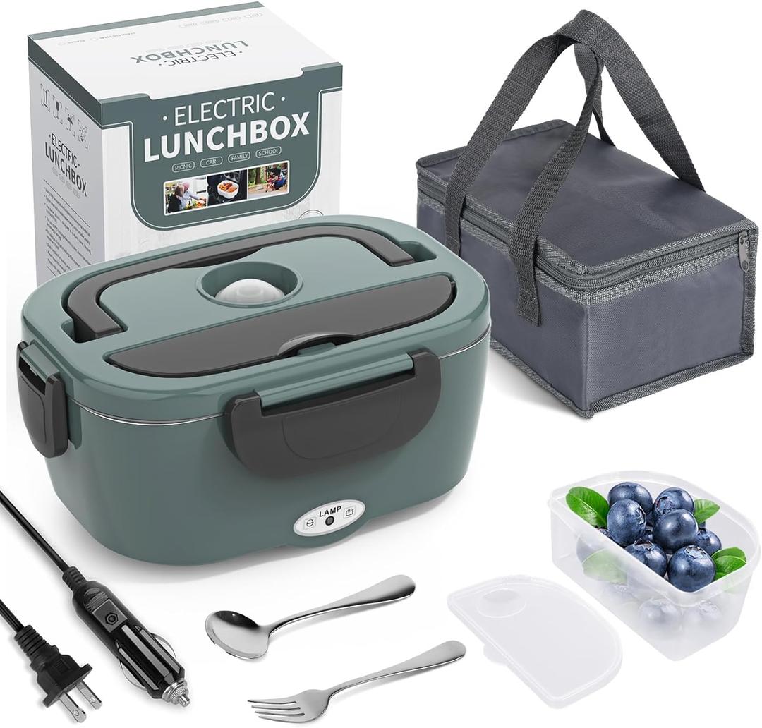 Electric Lunch Box Food Heater, 3 in 1 Ultra Quick Heated Lunch Boxes for Adults, 12V/24V/110V Portable Food Warmer for Car/Truck/Office With Fork Spoon and Insulated Carry Bag (Green)