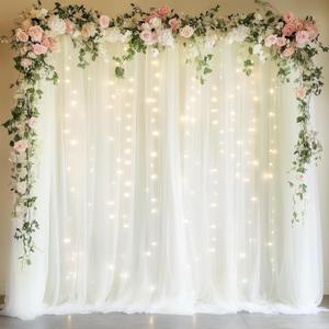 Fomcet Ivory Tulle Backdrop Curtains with Lights String 10FT X 8FT Sheer Curtain with Lights Tulle Curtains Backdrop for Wedding Birthday Party Baby Shower Photo Shoot (2 Panels 5x8FT)