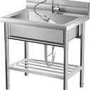 Stainless Steel Commercial Utility Sink,Free Standing Single Bowl Pull-Down Faucet Heavy Duty Sink for Restaurant Bar Laundry - Hot & Cold Water Indoor & Outdoor (Silver)