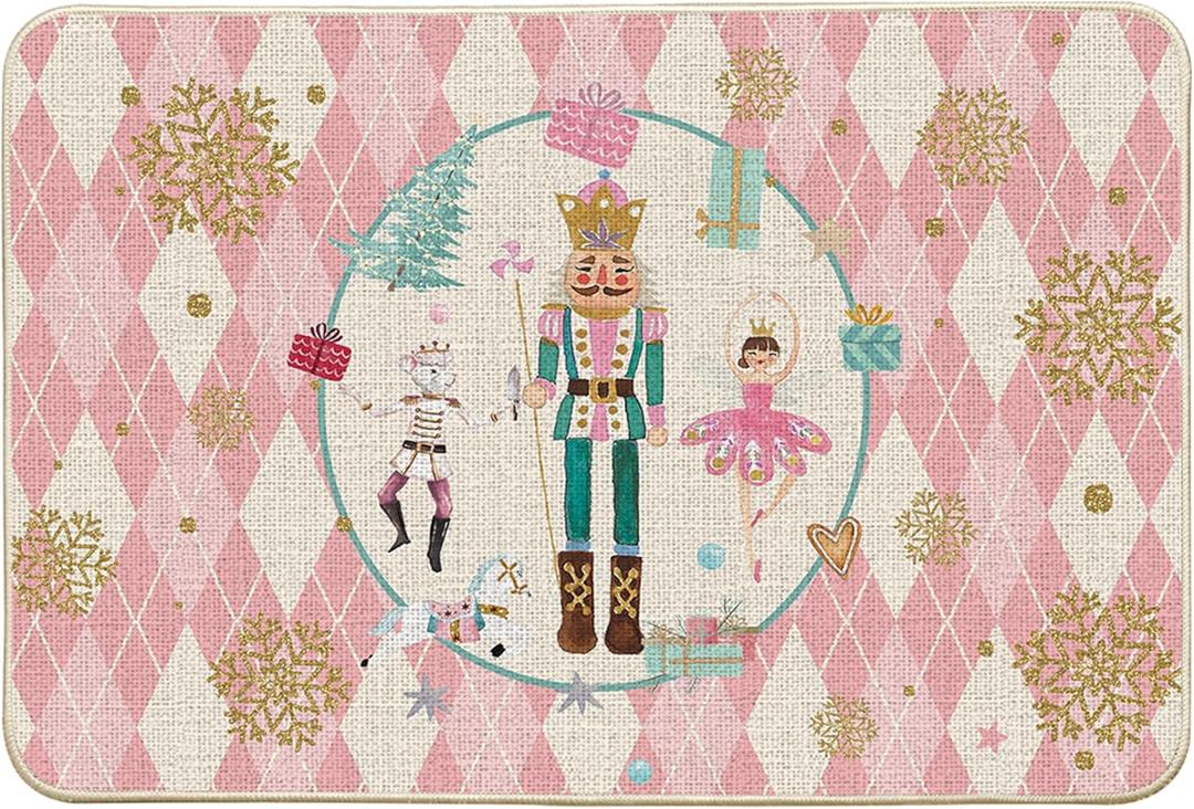 Artoid Mode Pink Diamond Plaid Nutcracker Christmas Doormat, Winter Home Decor Low-Profile Door Mat Floor Mat 24x35 Inch