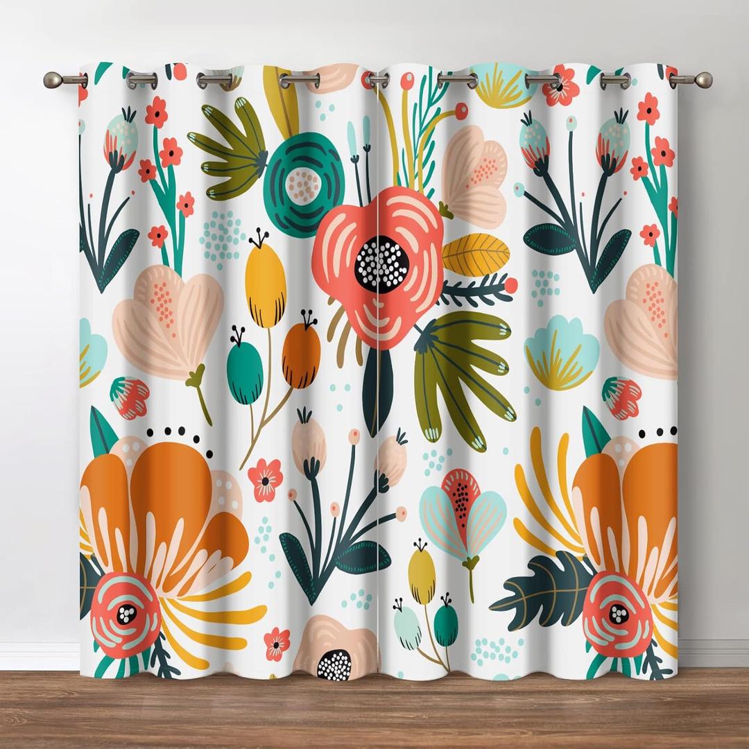 Jekeno Floral Blackout Curtains, Boho Colorful Flowers Print Decor for Home Bedroom Living Room Grommet Window Darkening Drapes, 52 Wide 84 Long Inches 2 Panel Set (Bohemian1)