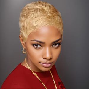 Brazilian Human Hair Pixie Cut Wig for Women Honey Blonde 180% Density Straight Short Wig with Bangs Non Lace Front Rose Net Cap for Party Cosplay Daily Use