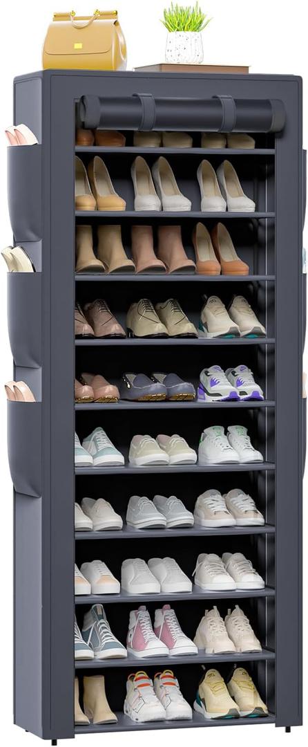 OYREL Shoes Rack 10 Tier Tall Shoe Rack with Storage Pockets, Fabric Covered Shoe Racks,Metal Shoes Rack Organizer for Closets,Bedroom, Garage (Large, Grey)